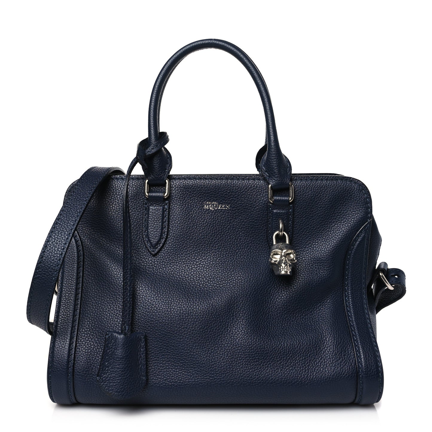 Pebbled Calfskin Small Skull Padlock Zip Around Tote Navy