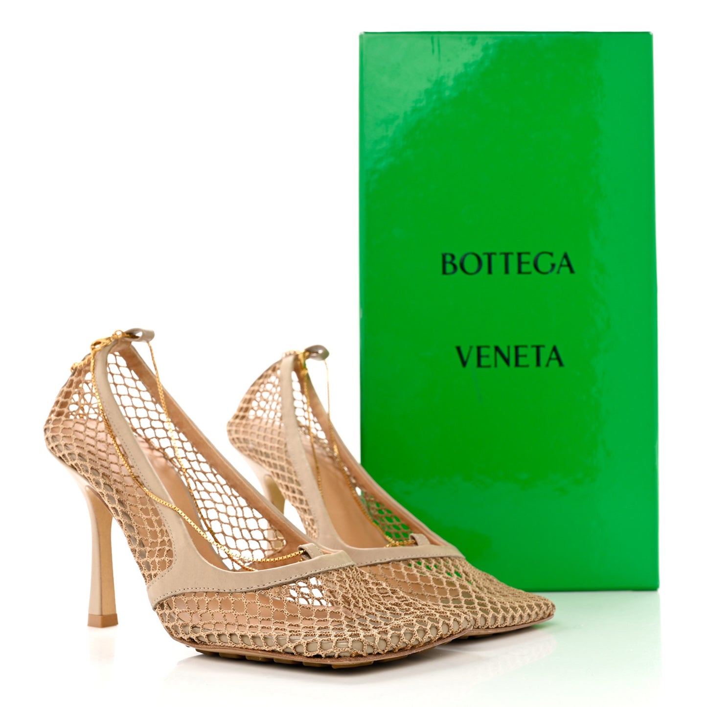Mesh Calfskin Chain Stretch Pumps 37 Beige