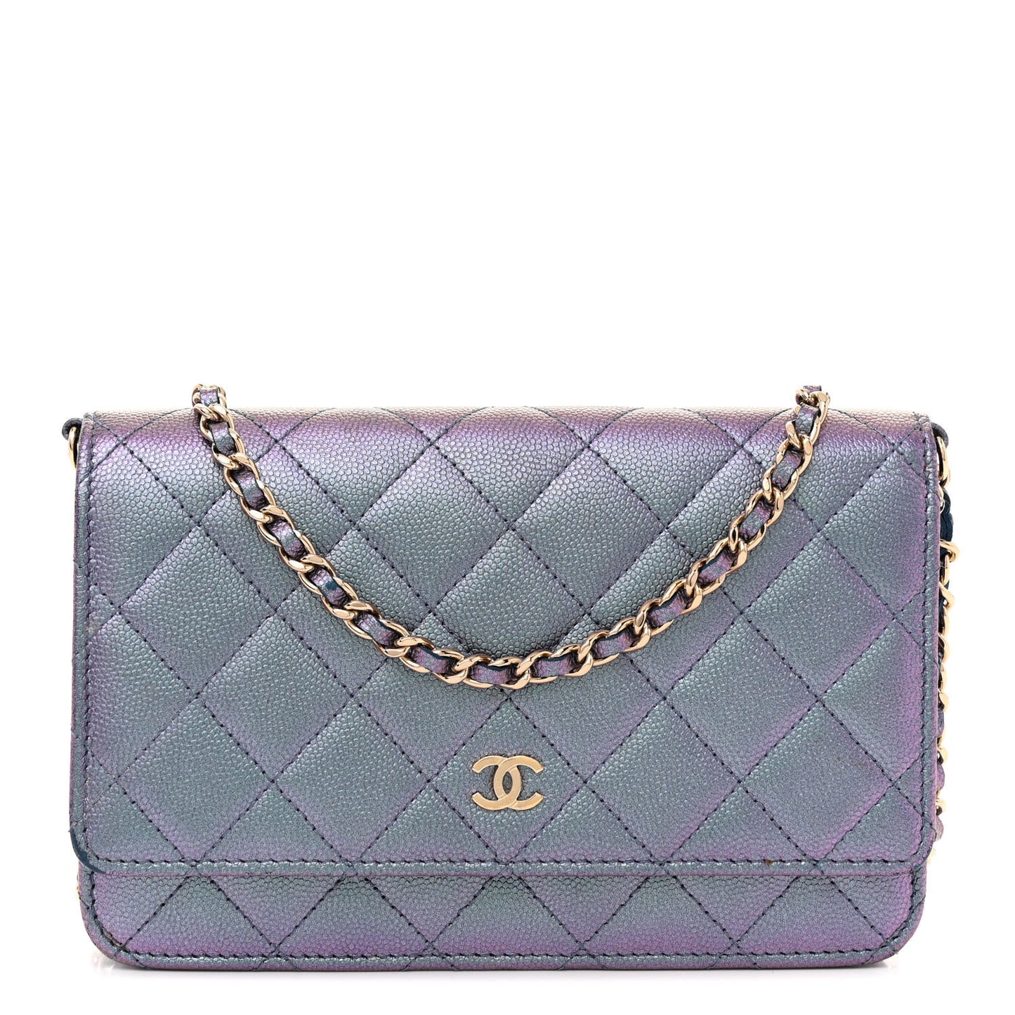 Iridescent Caviar Quilted Wallet on Chain WOC Dark Blue