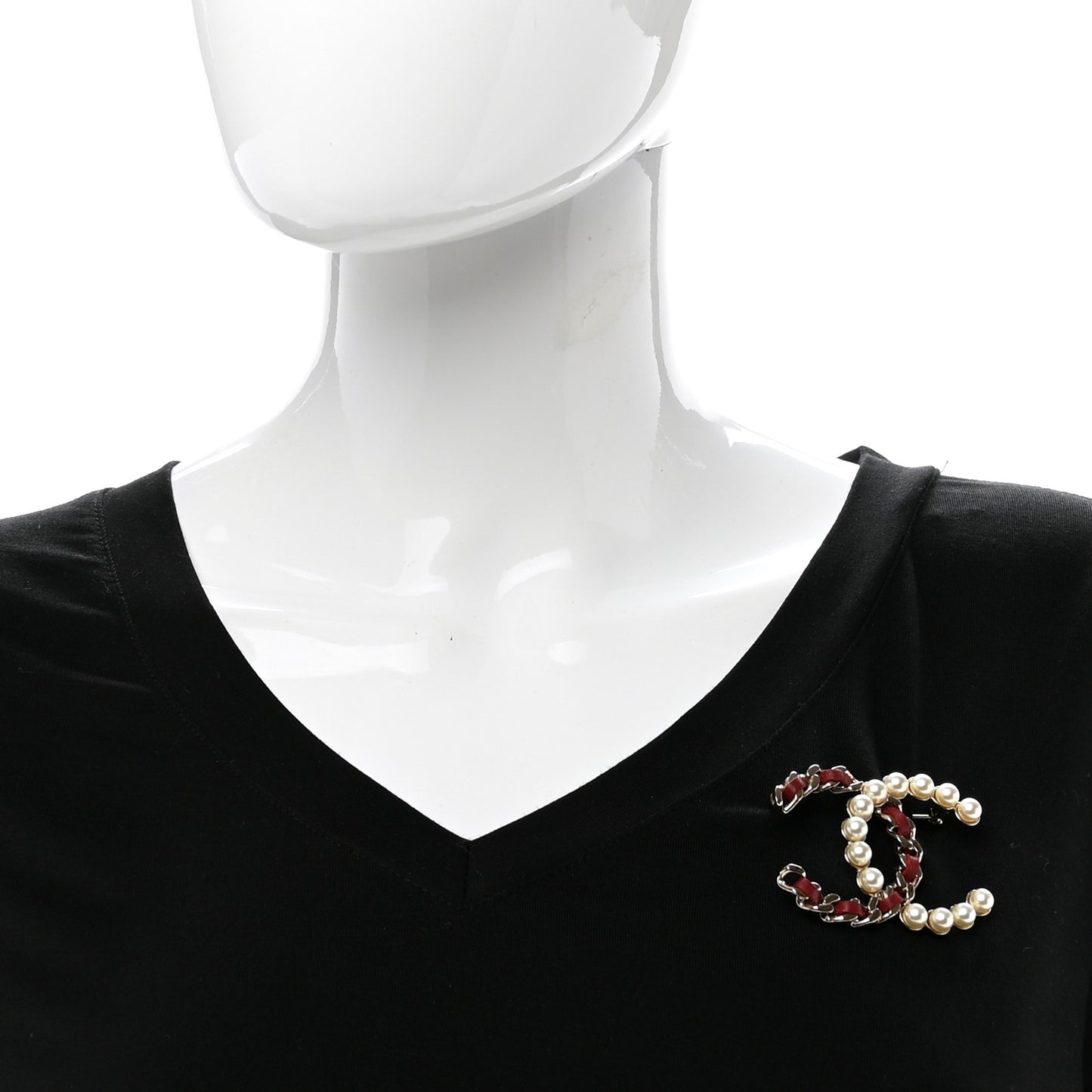 lambskin Pearl CC Chain Brooch Red Gold