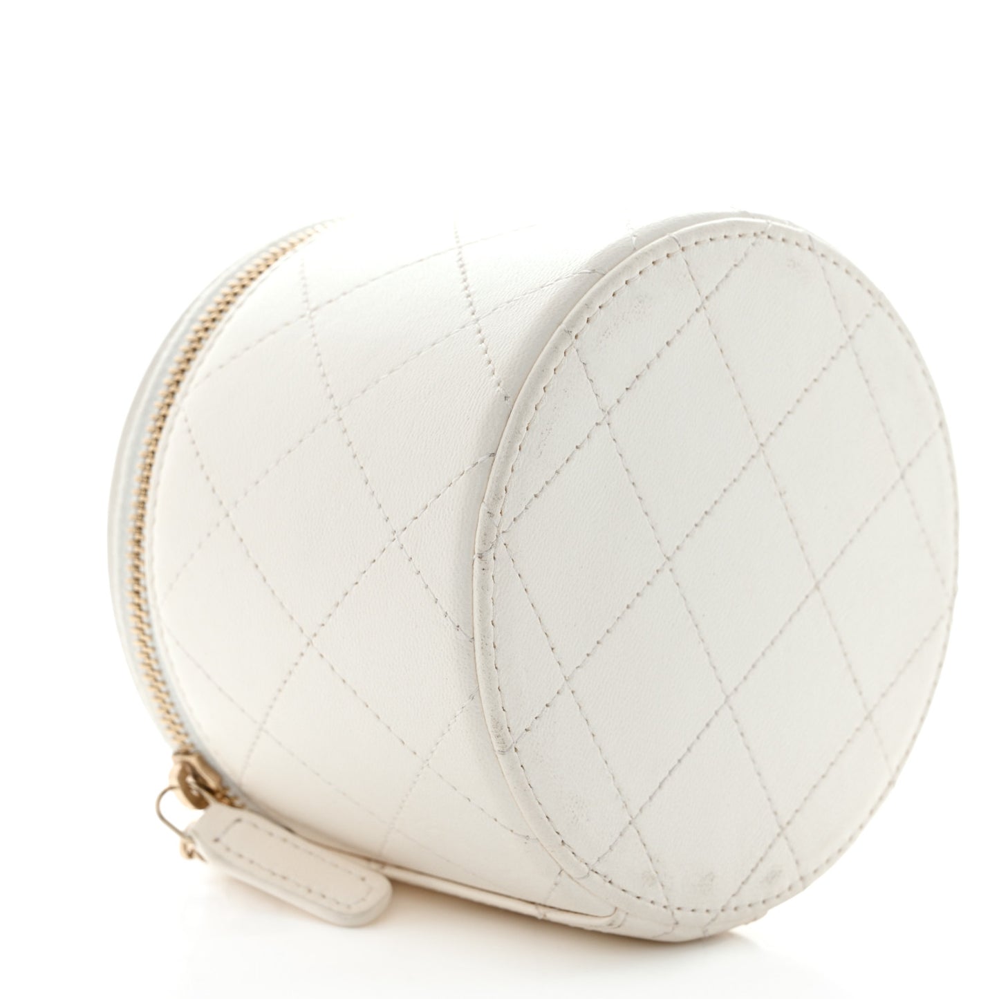 Lambskin Quilted Round Small Vanity Case With Chain White Black