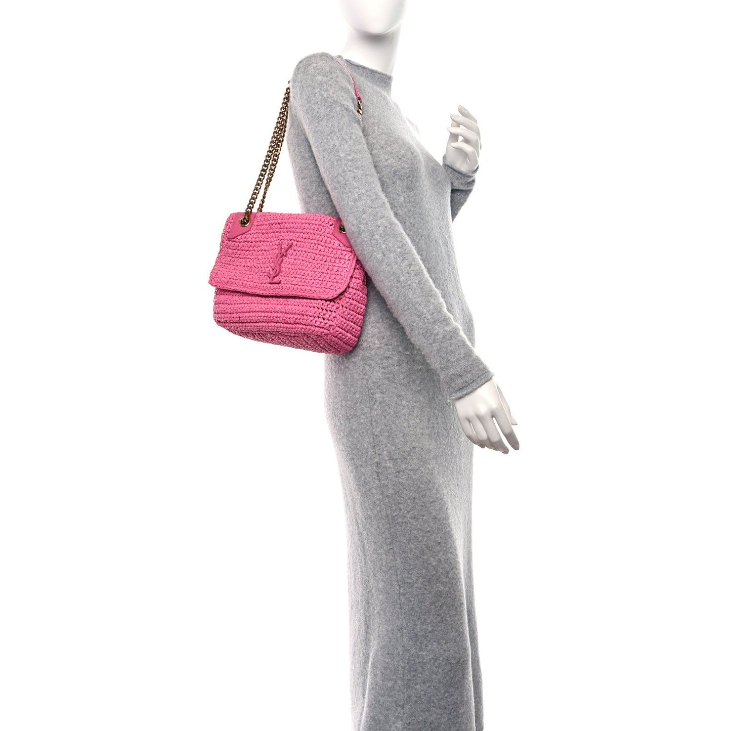 Raffia Calfskin Monogram Medium Niki Chain Satchel Bright Pink