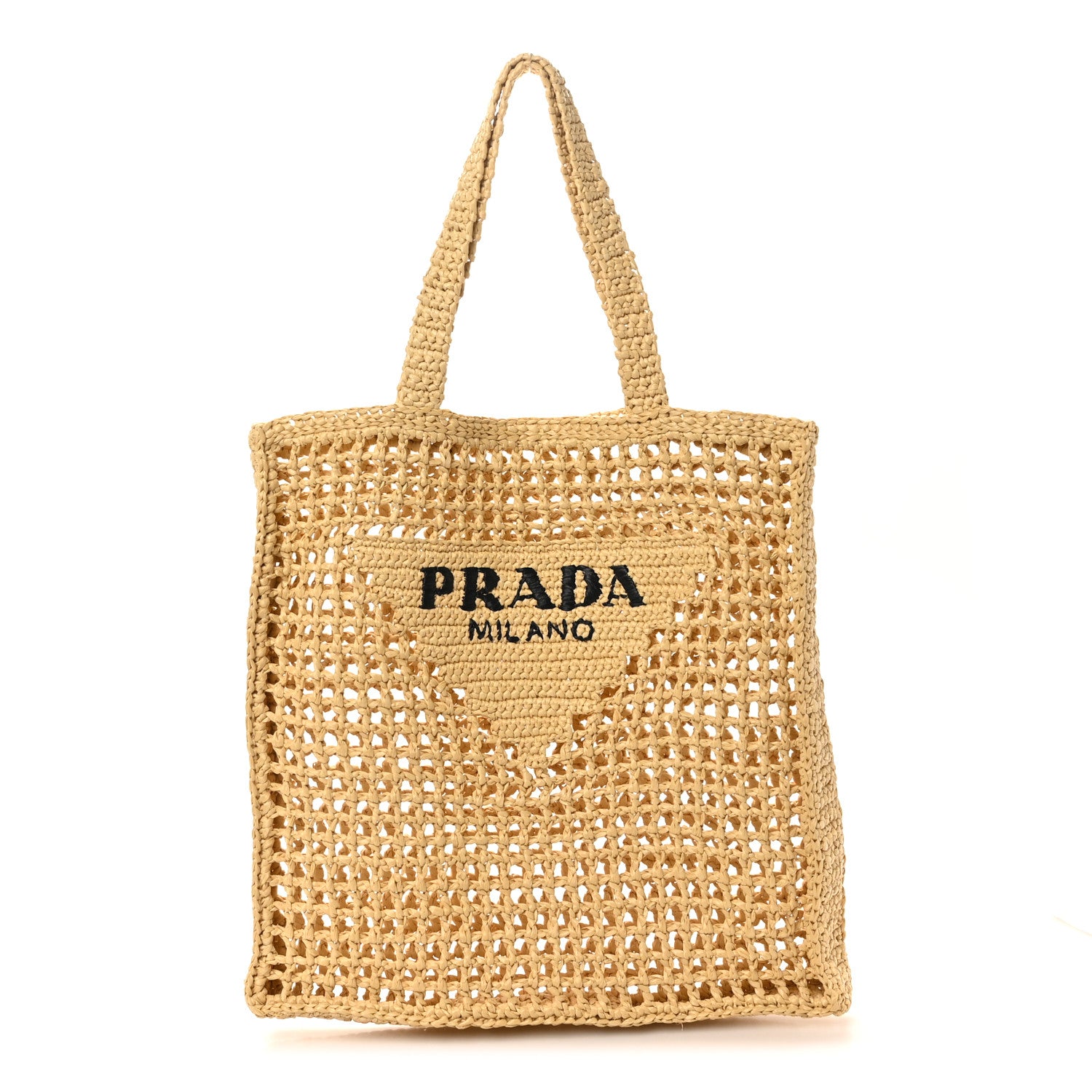 プラダラフィア Prada Yarn Raffia Effect Crochet Logo Embroidered Tote Bag