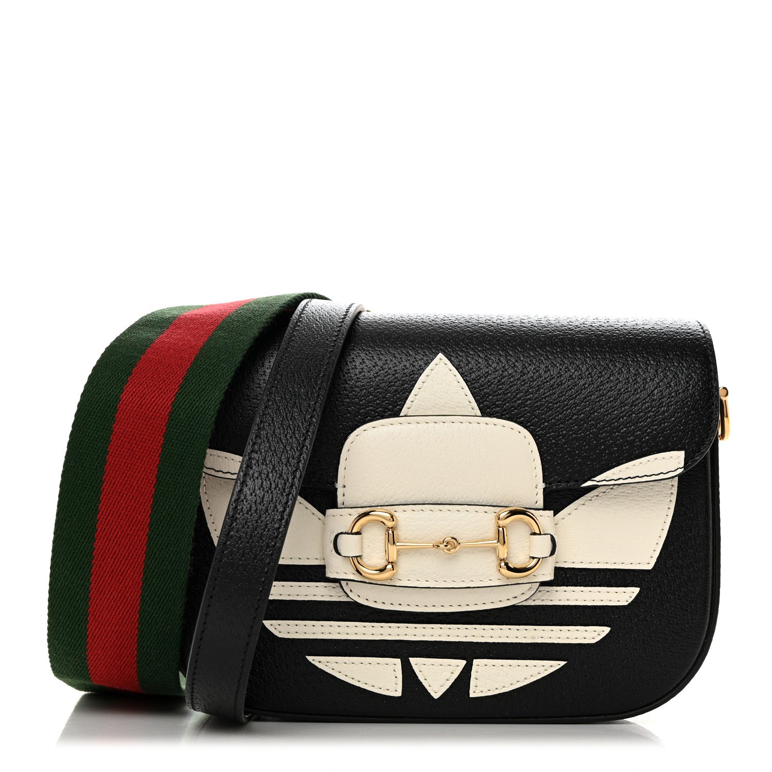 Gucci X ADIDAS Textured Dollar Calfskin Web Trefoil Mini Horsebit 1955 Shoulder Bag Black Off White 1 of 12