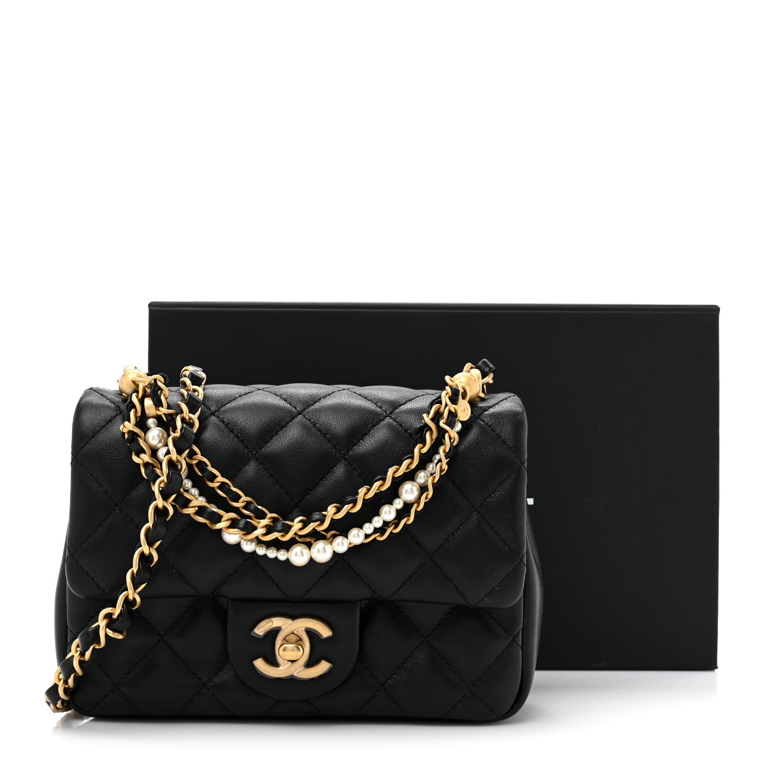 Chanel Shiny Lambskin Quilted Pearl Twist Mini Square Flap Black 11 of 11