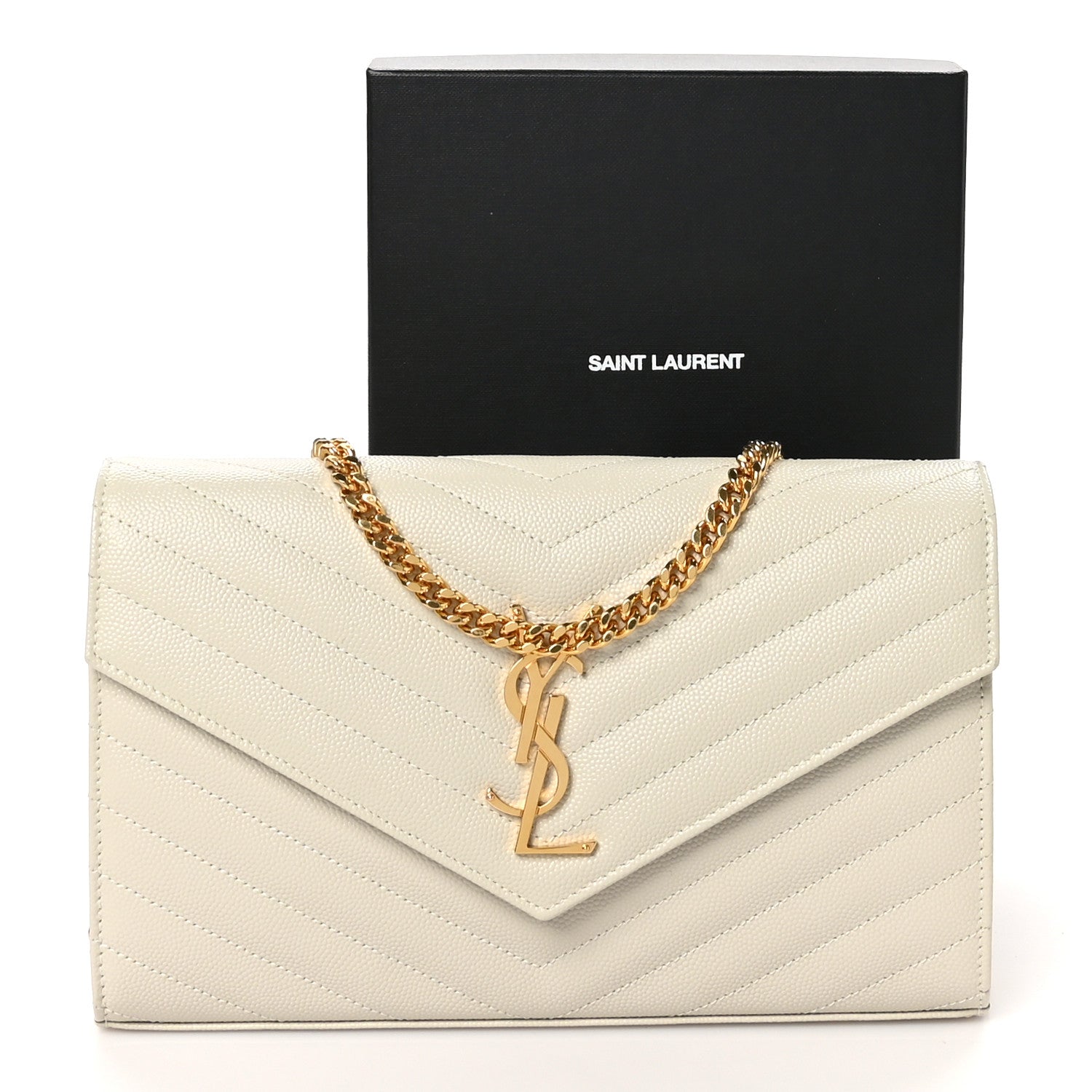 Saint Laurent Grain De Poudre Matelasse Chevron Monogram Chain Wallet Crema Soft 10 of 10