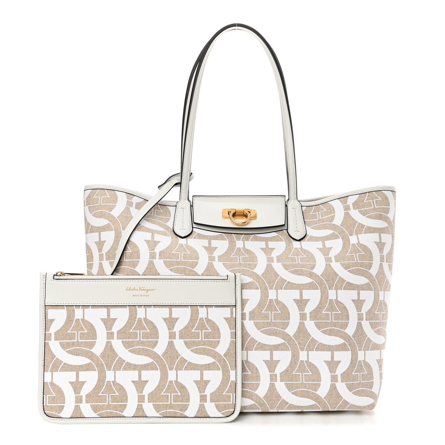 Canvas Calfskin Gancini Tote White Beige