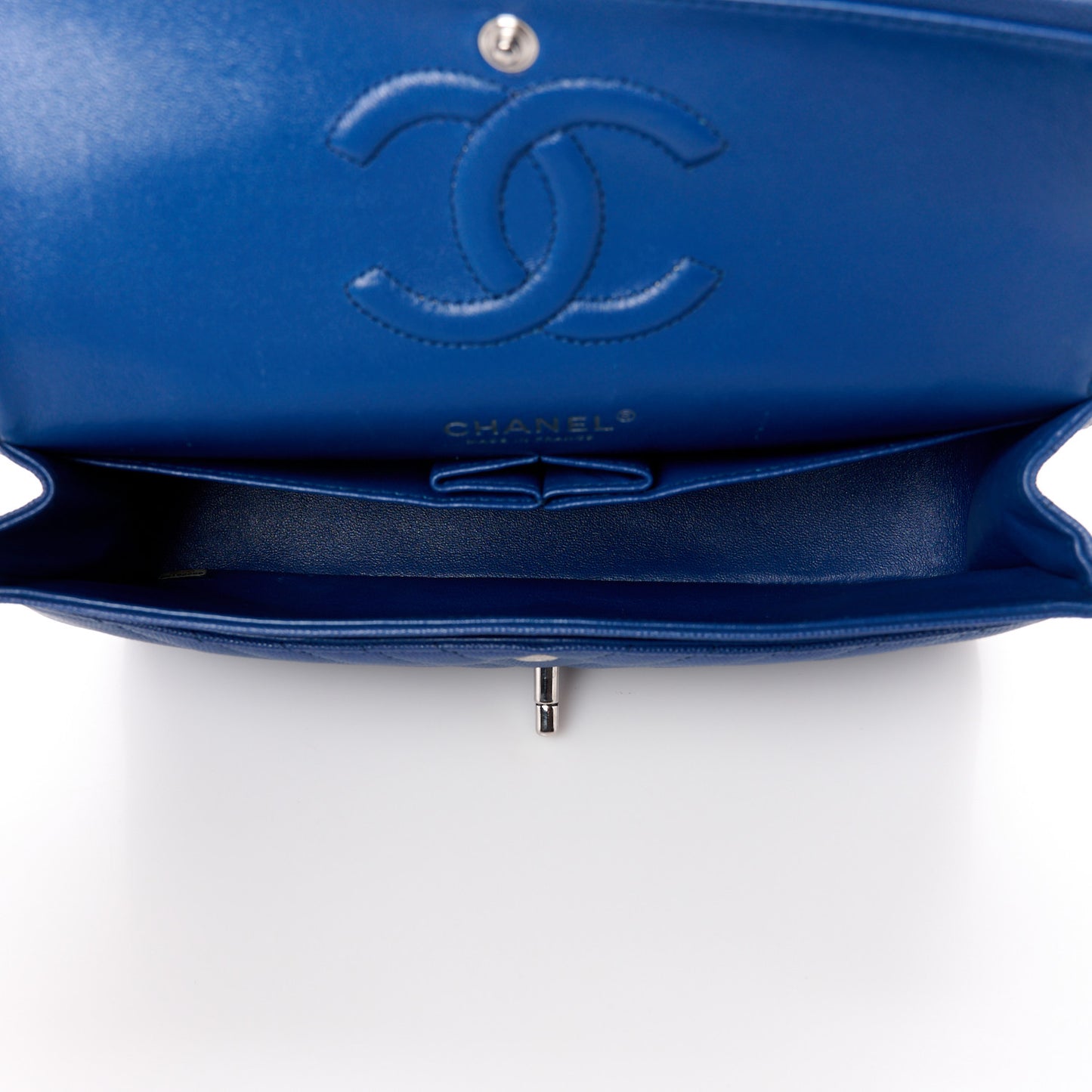 Caviar Chevron Quilted Small Double Flap Blue