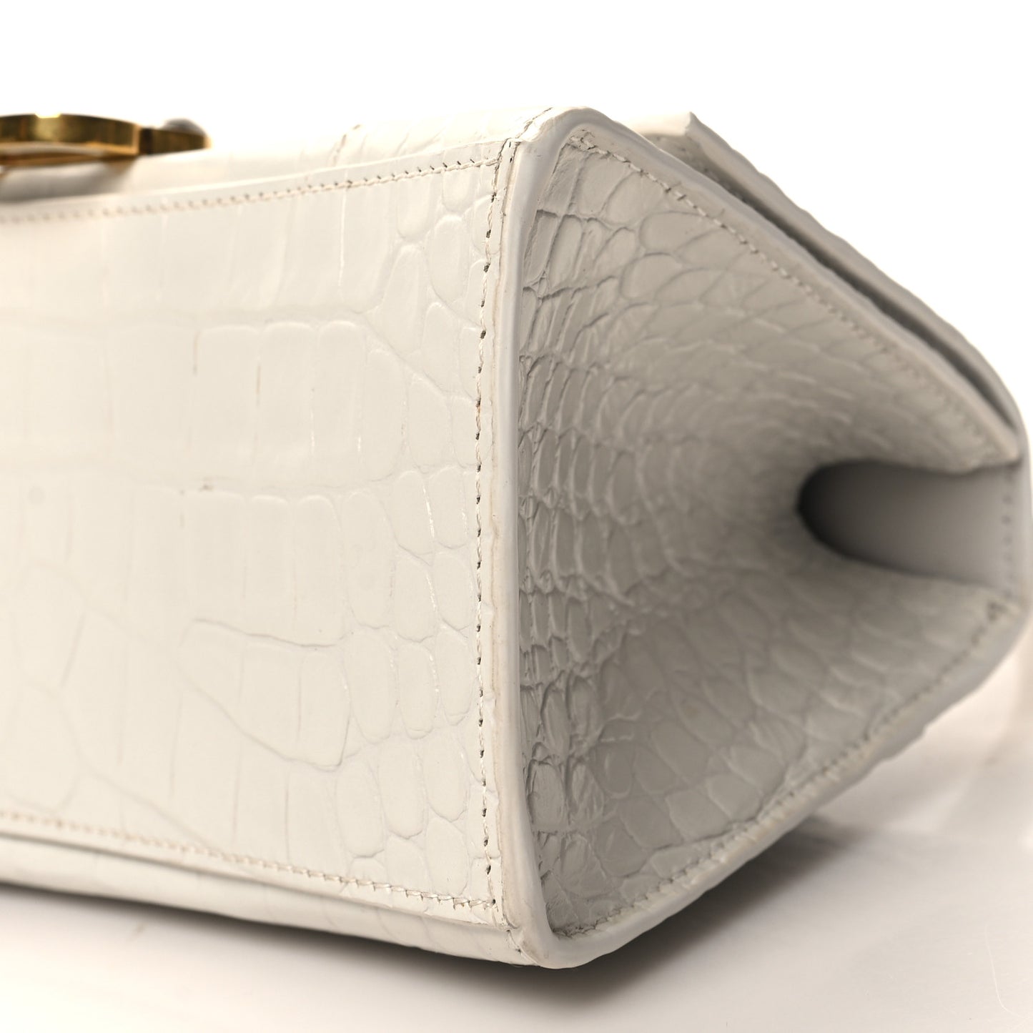 Shiny Calfskin Crocodile Embossed Small Hourglass Top Handle Bag White
