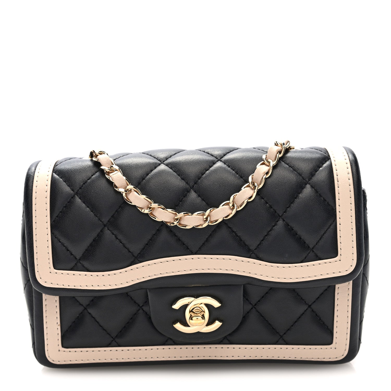 Chanel Shiny Lambskin Quilted Half Mini Flap Black Beige 1860839