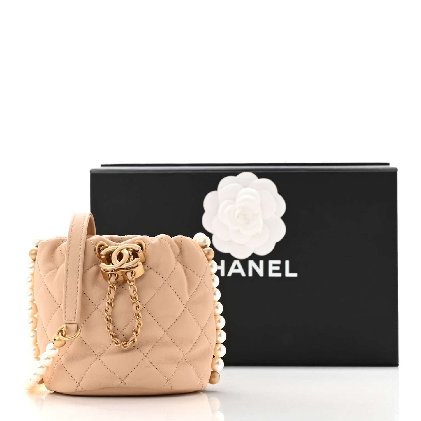 Calfskin Quilted Pearl Mini About Pearls Drawstring Bucket Bag Beige