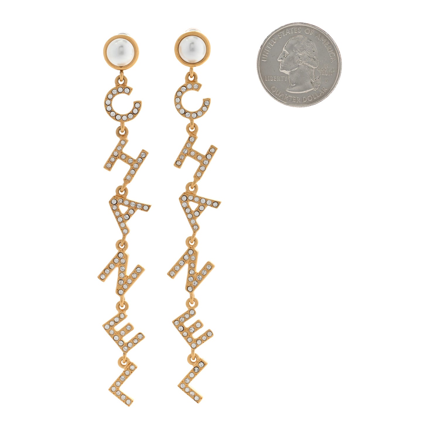 Crystal Pearl Logo Drop Earrings Gold