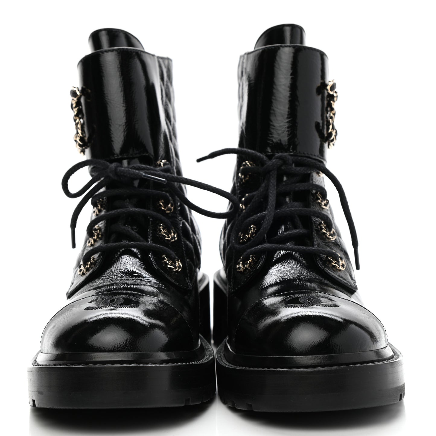 Shiny Calfskin Quilted Lace Up Combat Boots 40.5 Black