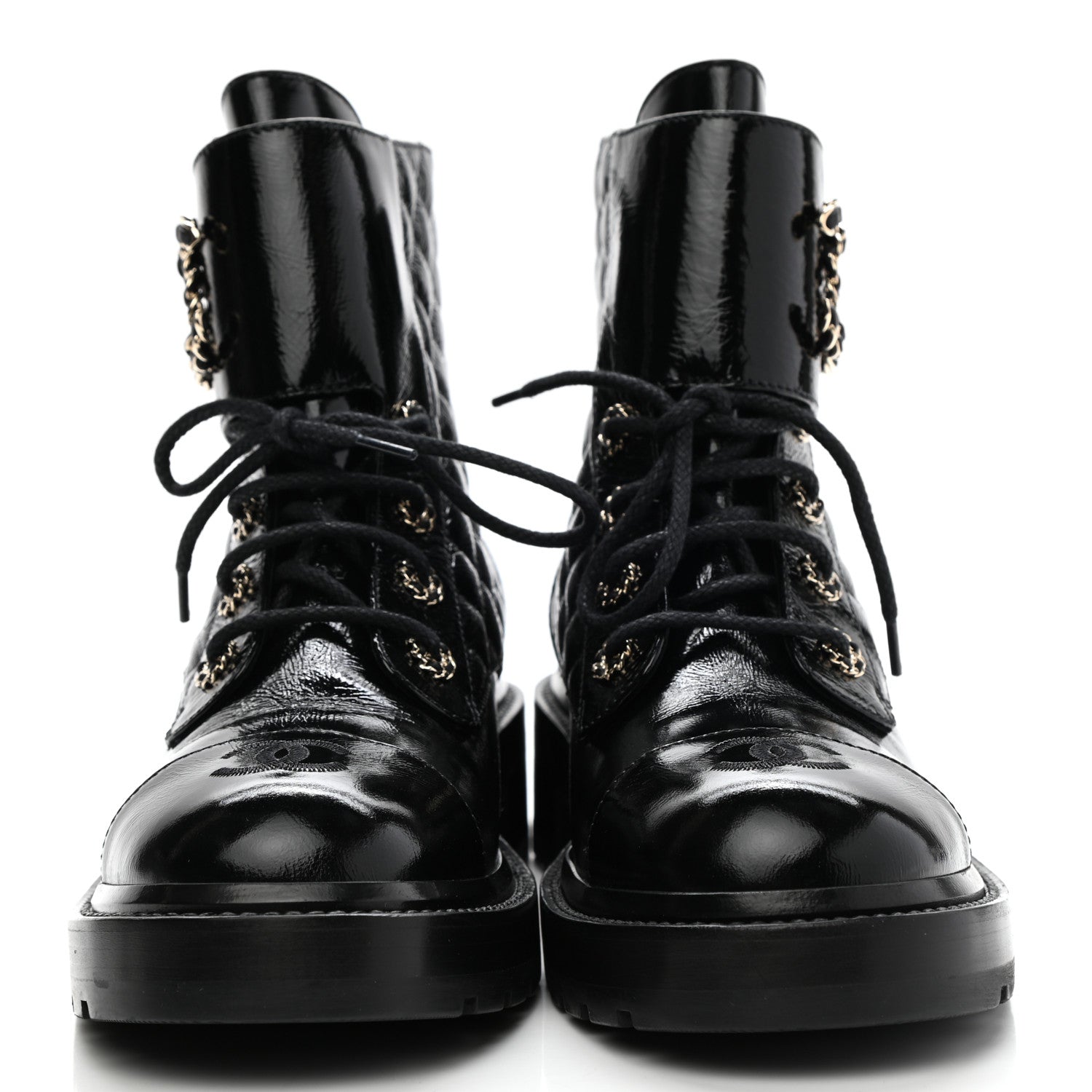 Chanel Shiny Calfskin Quilted Lace Up Combat Boots 40.5 Black 2 of 9