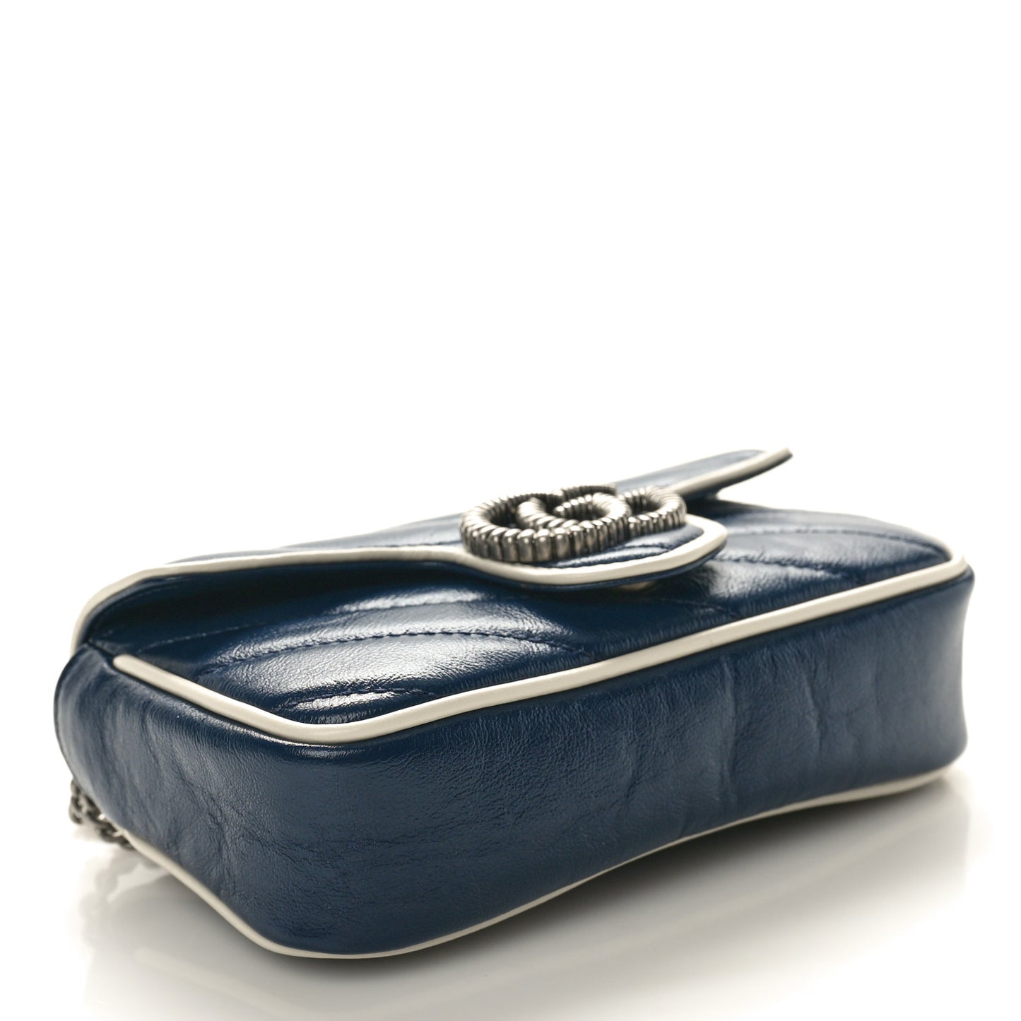 Vintage Effect Calfskin Matelasse Diagonal Super Mini Torchon GG Marmont Shoulder Bag Blue Agata Mystic White