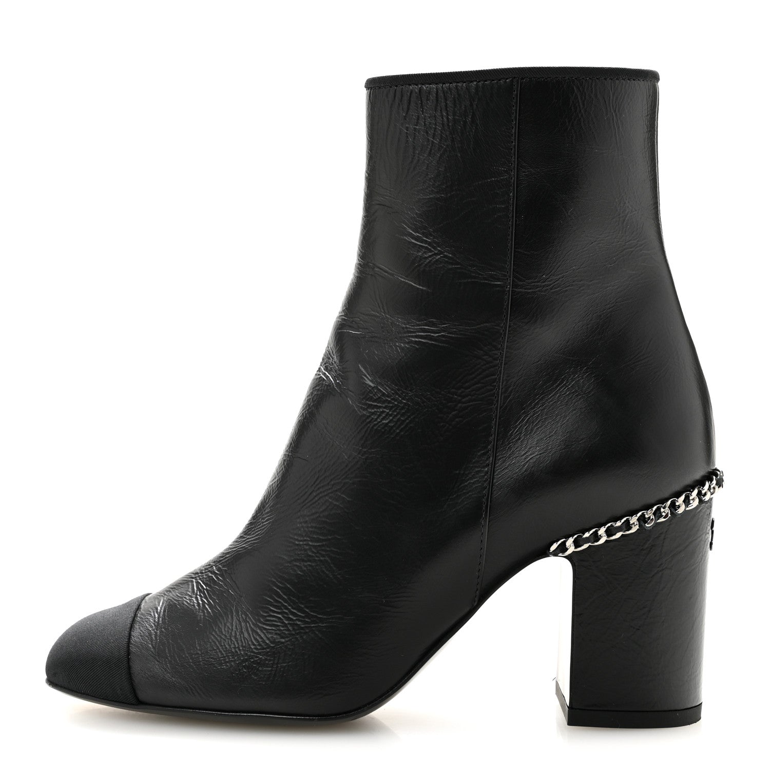 Chanel Crumpled Calfskin Cap Toe Chain Short Boots 35 Black
