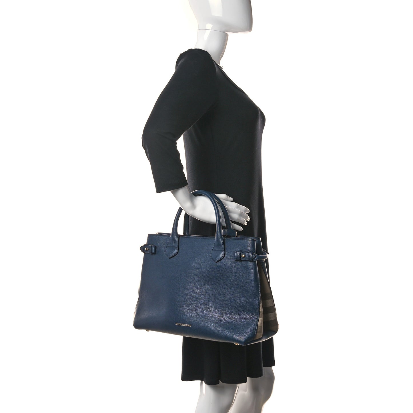 Grainy Calfskin House Check Medium Banner Tote Ink Blue