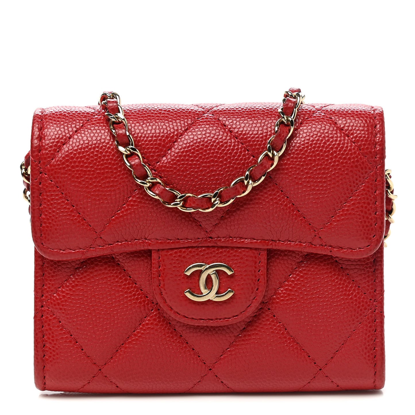 Caviar Quilted Flap Card Holder On Chain Red
