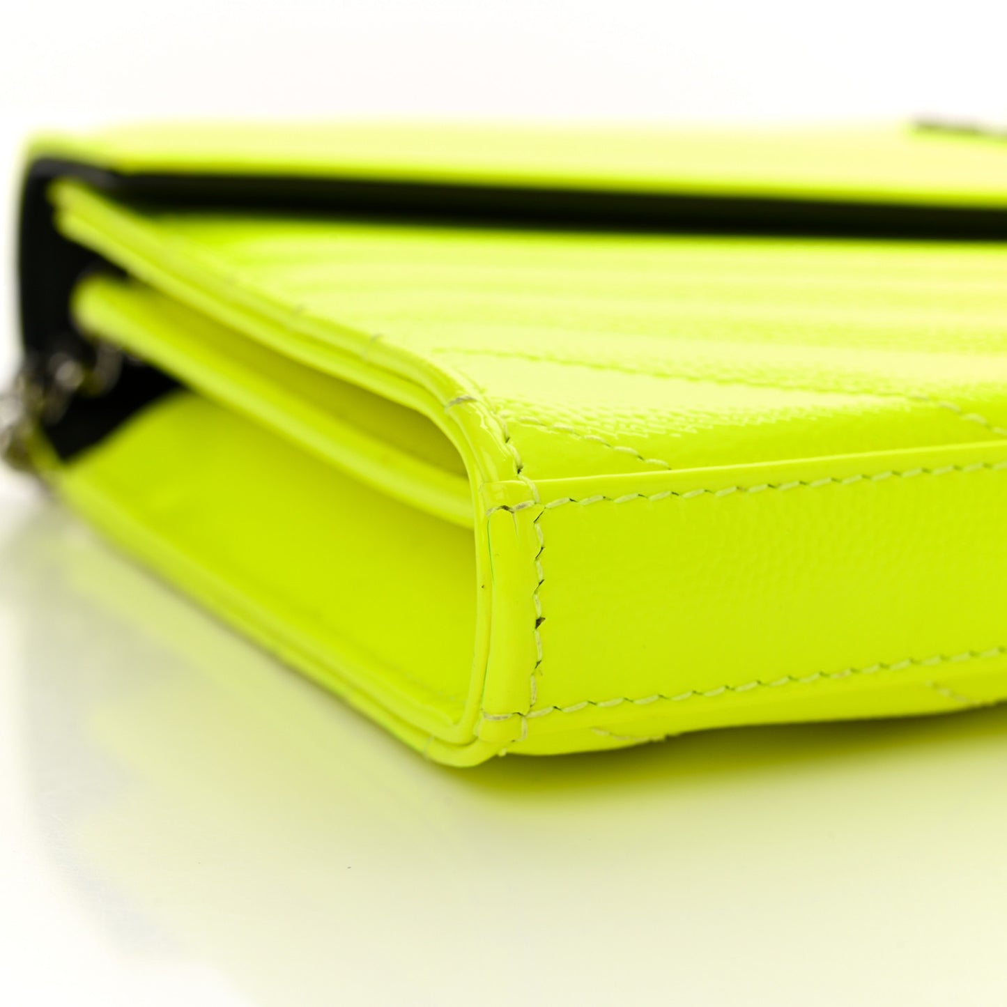 Patent Grain De Poudre Matelasse Chevron Monogram Chain Wallet Neon Yellow