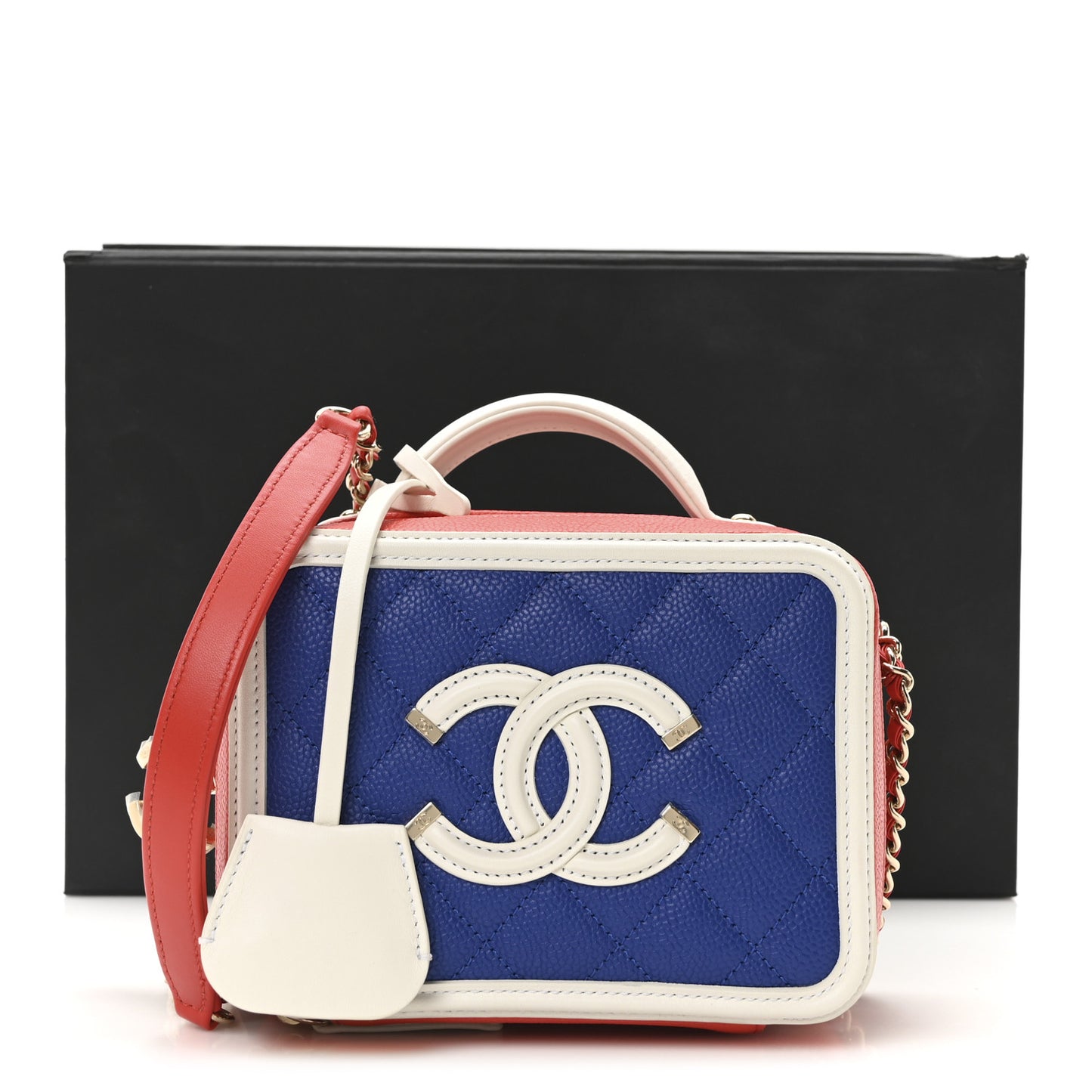 Caviar Quilted Small CC Filigree Vanity Case Blue White Red