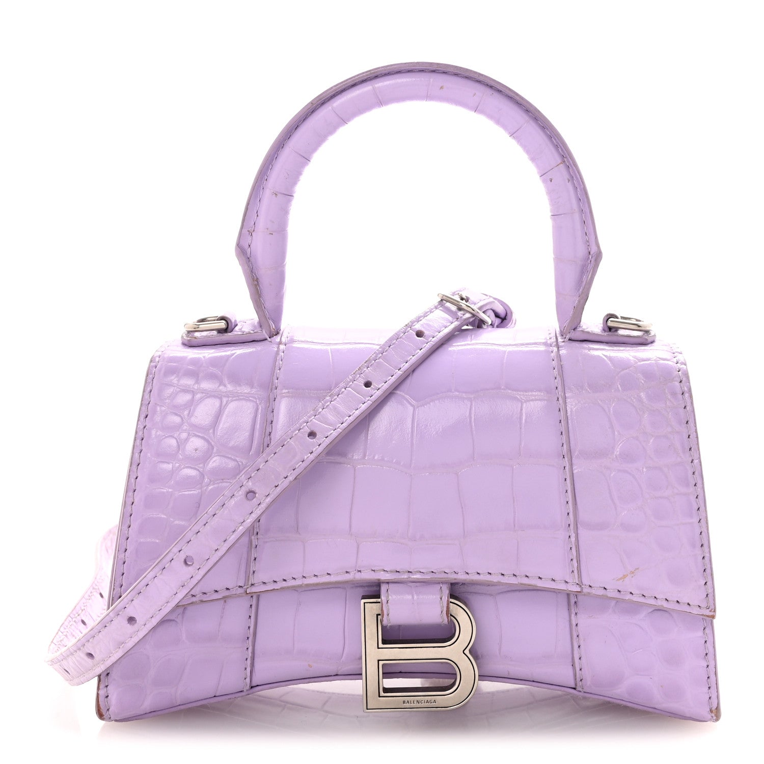 Balenciaga Shiny Calfskin Crocodile Embossed Hourglass Top Handle