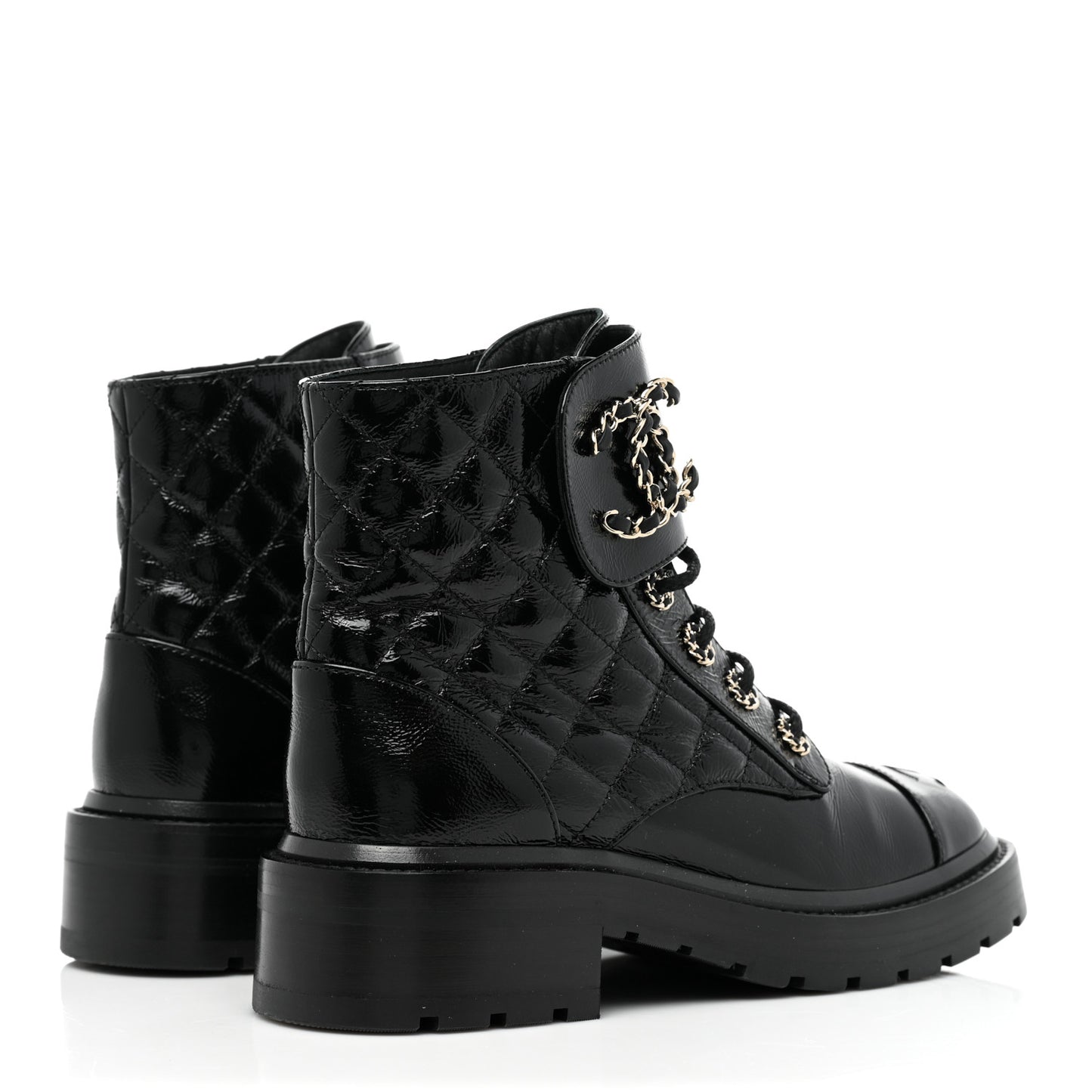 Shiny Calfskin Quilted Lace Up Combat Boots 36 Black