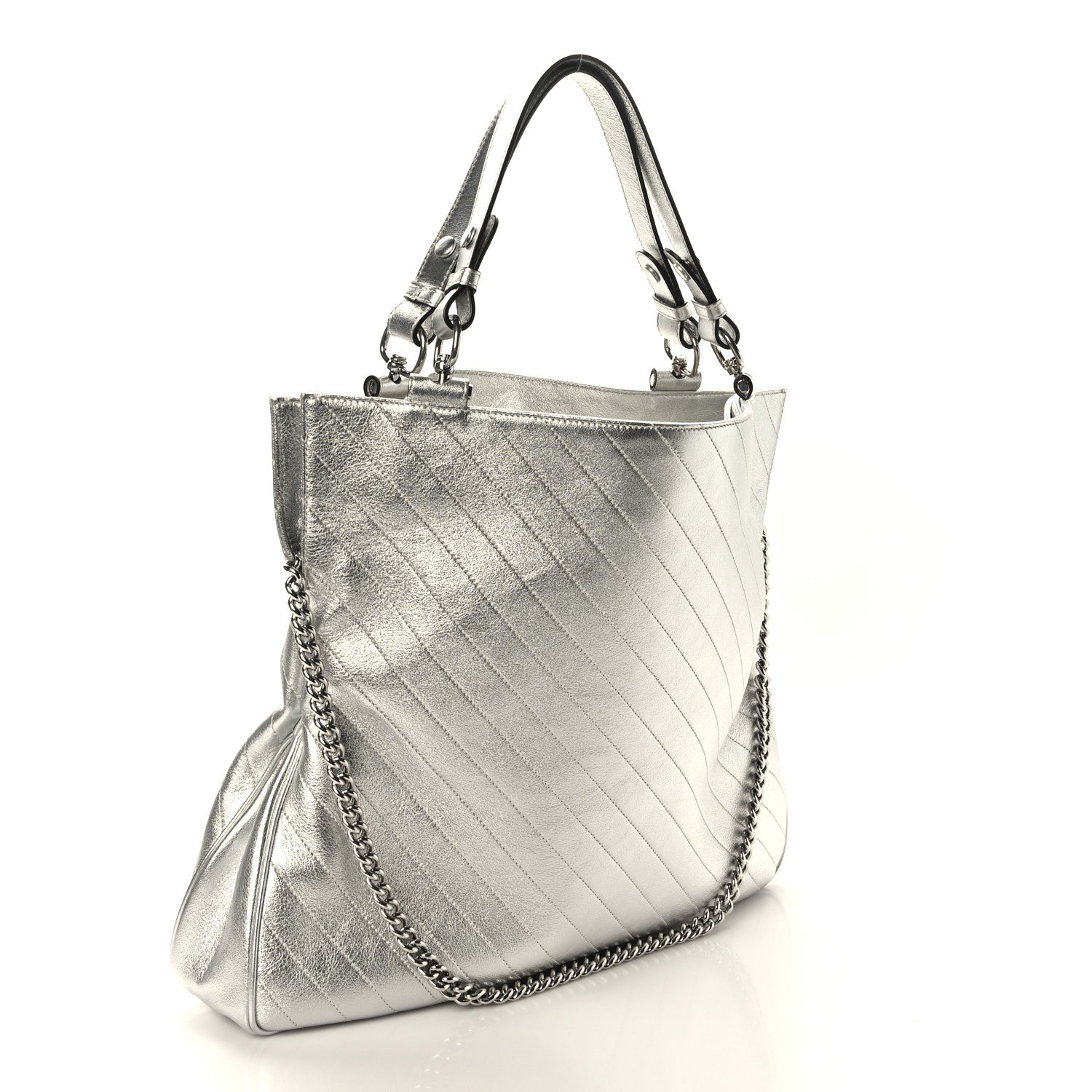Gucci Metallic Sakai Be Green Calfskin Diagonal Stitched Medium Blondie Tote Silver 3 of 11