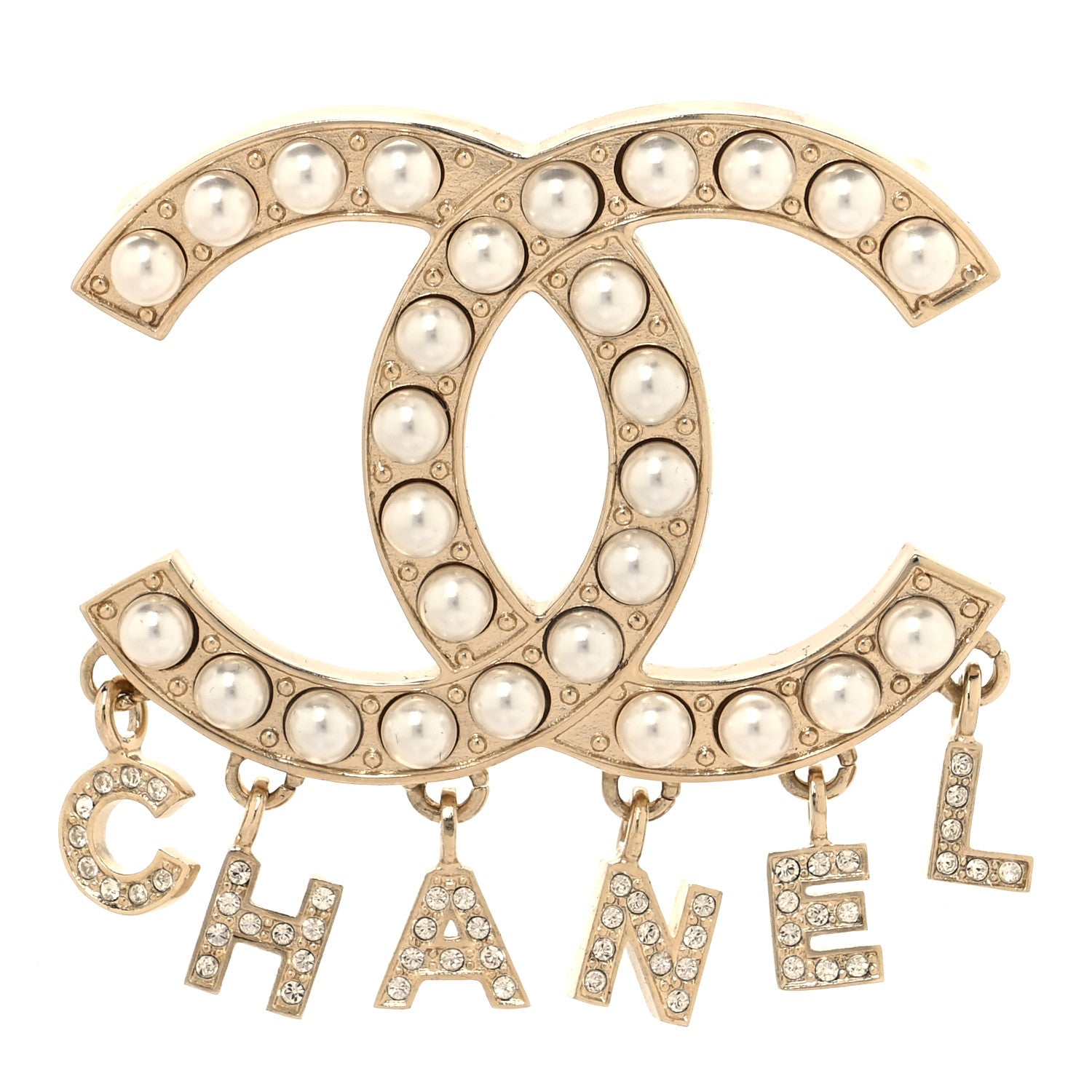 Chanel Crystal Pearl Signature Drop Brooch Gold 1 of 4