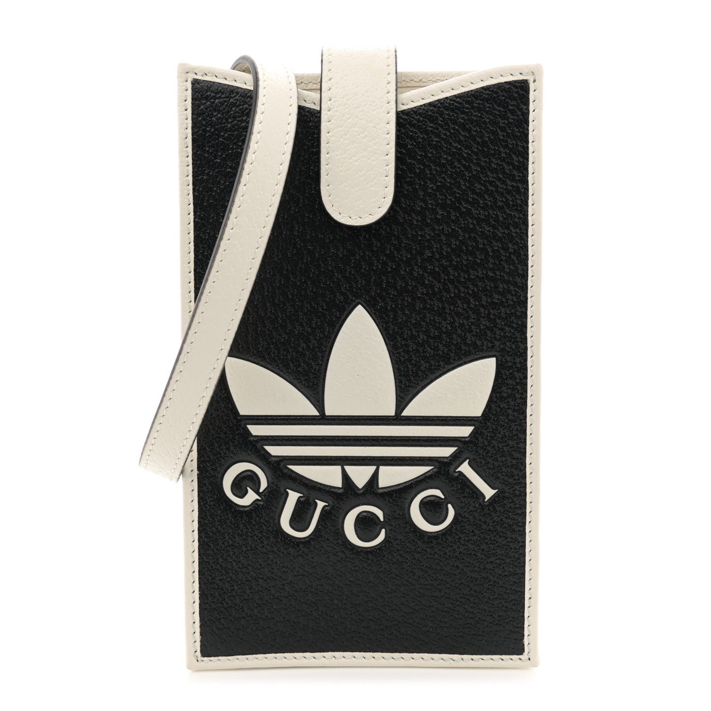 X ADIDAS Textured Dollar Calfskin Trefoil Embossed Phone Crossbody Bag Black Off White