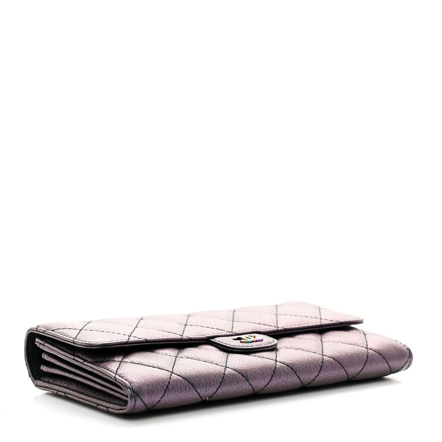 Iridescent Goatskin Quilted Large Flap Wallet Purple