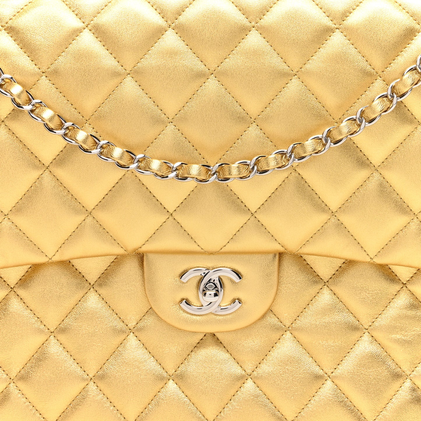 Metallic Lambskin Quilted XXL Travel Flap Bag Gold