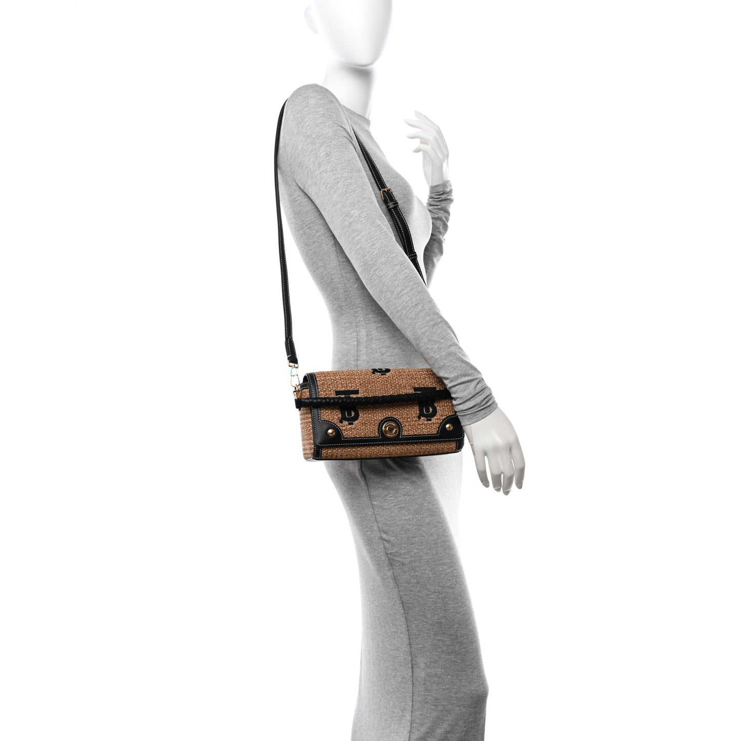 Raffia Calfskin TB Small Note Crossbody Bag Natural Black