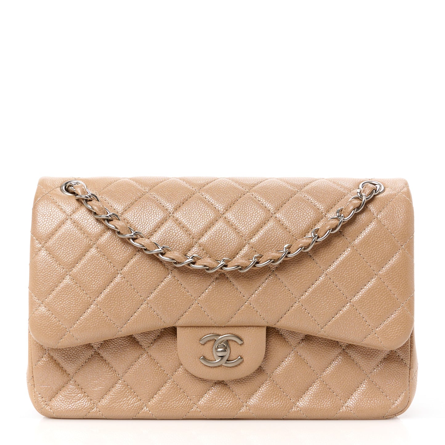 Pearly Caviar Quilted Jumbo Double Flap Beige