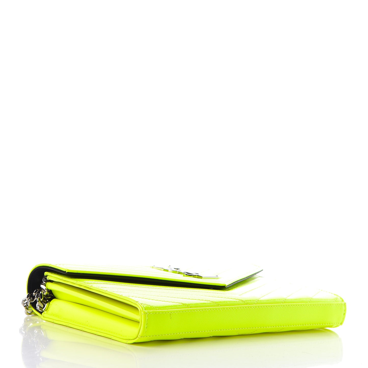 Patent Grain De Poudre Matelasse Chevron Monogram Chain Wallet Neon Yellow