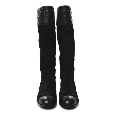 Suede Calfskin Lambskin Quilted Knee High Boots 37 Black