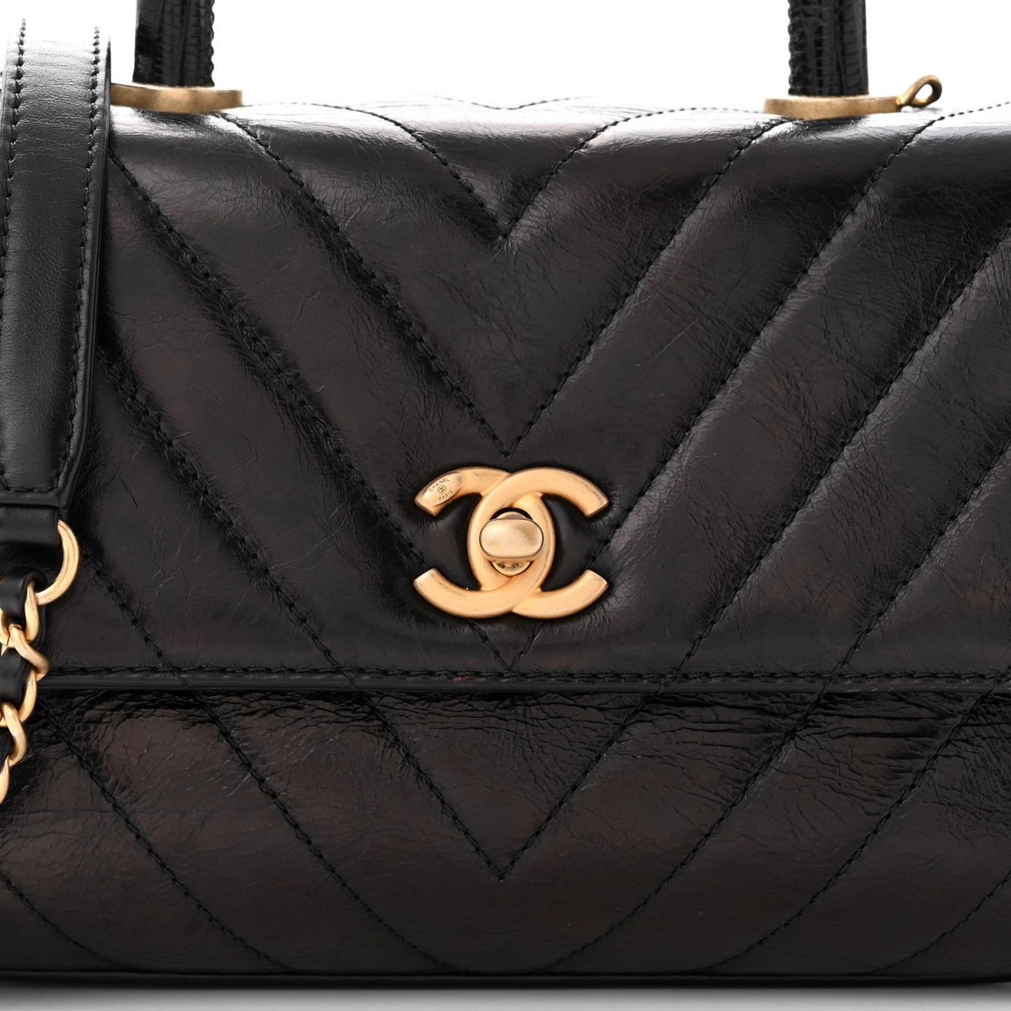 Calfskin Lizard Chevron Quilted Mini Coco Handle Flap Black