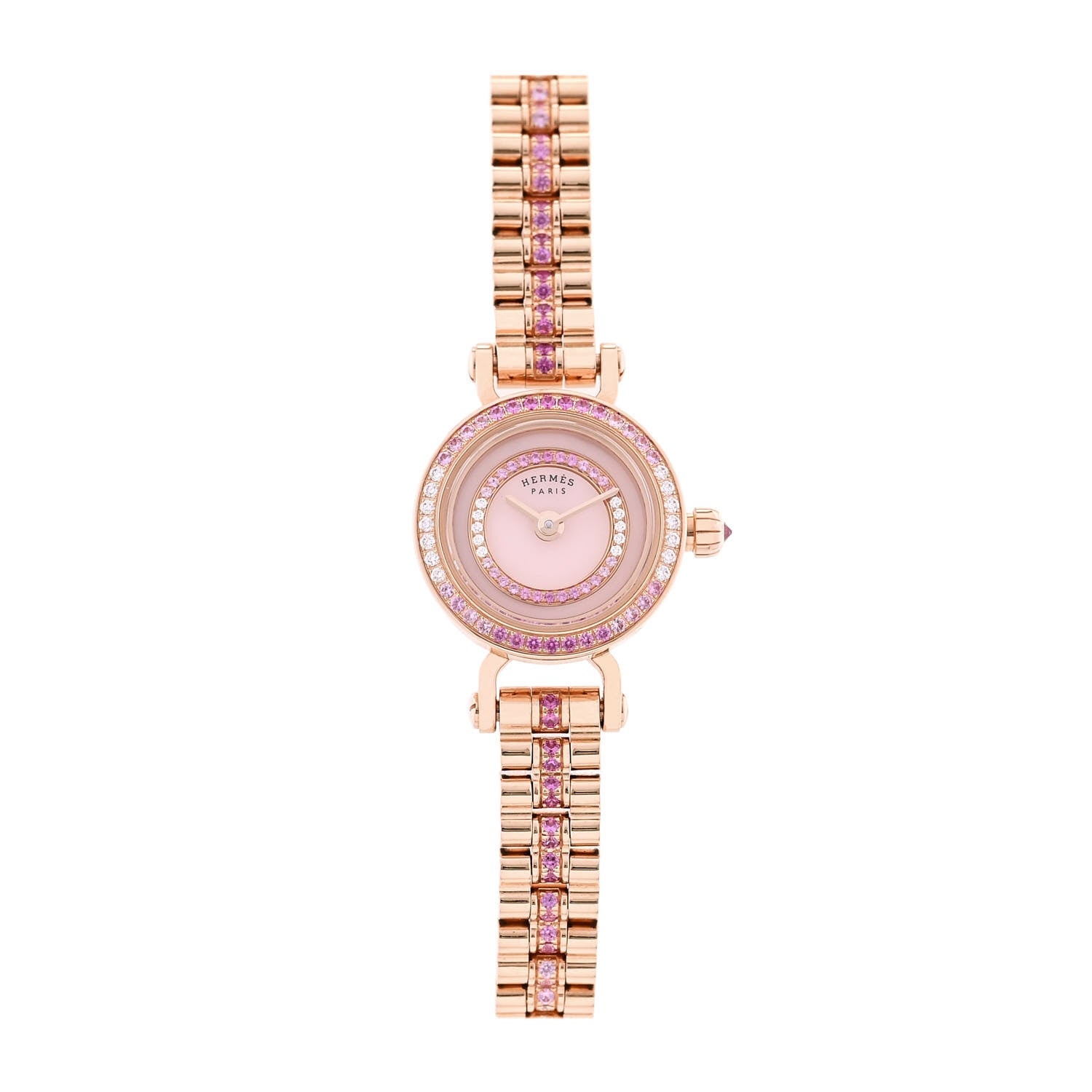 Hermes 18K Rose Gold Diamond Pink Sapphire 16mm Faubourg Quartz