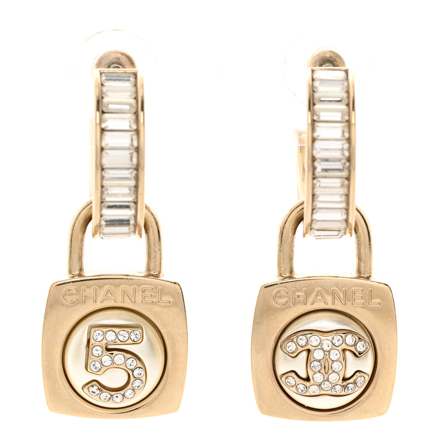 Pearl Crystal Baguette No 5 Lock Drop Earrings Gold Pearly White