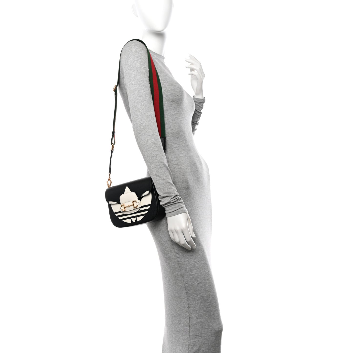 X ADIDAS Textured Dollar Calfskin Web Trefoil Mini Horsebit 1955 Shoulder Bag Black Off White