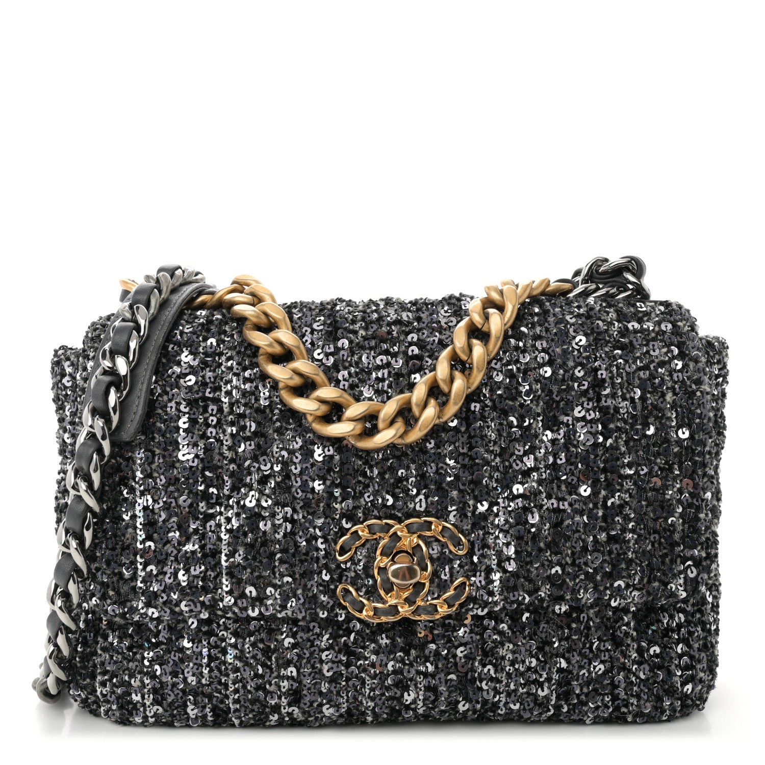Chanel Tweed Sequin Quilted Medium Chanel 19 Flap Black Multicolor