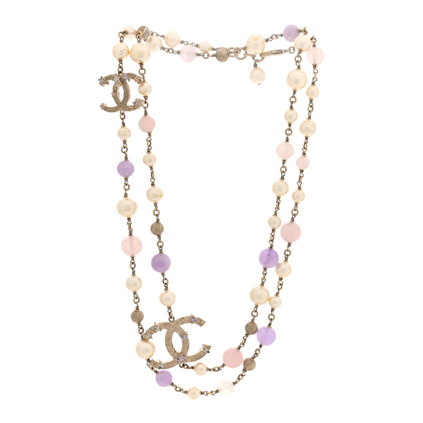 Pearl Crystal Bead CC Long Necklace Silver Purple