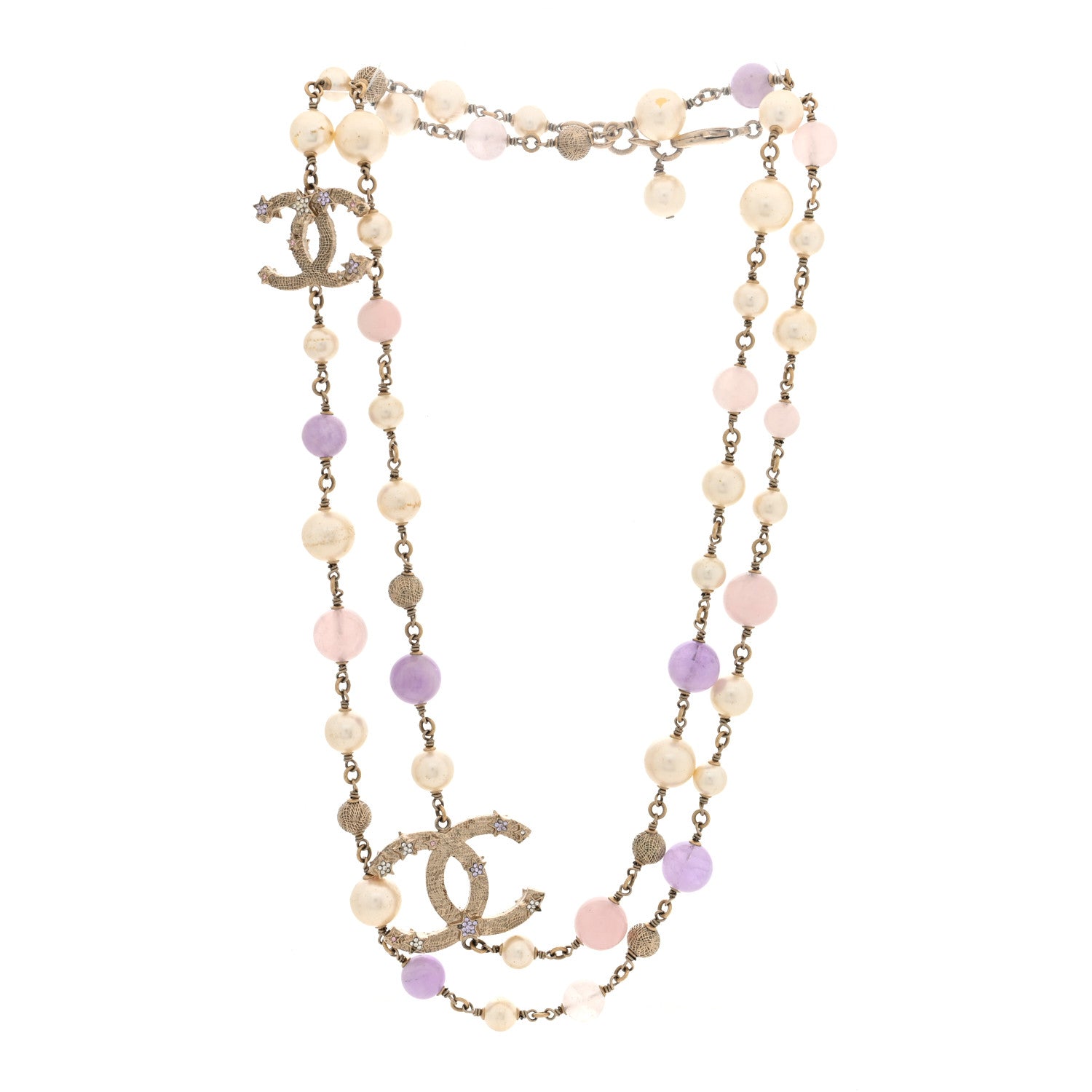 Chanel Pearl Crystal Bead CC Long Necklace Silver Purple 3 of 4