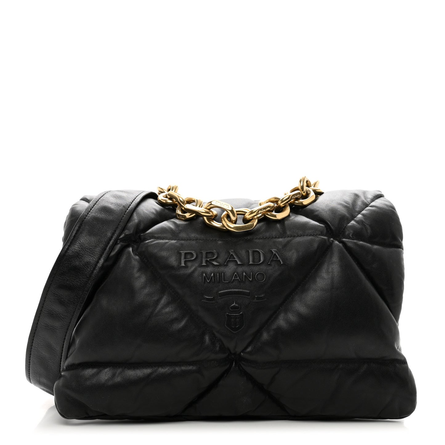 Nappa Soft Padded Logo Embossed Triangle Quilted Shoulder Bag Black