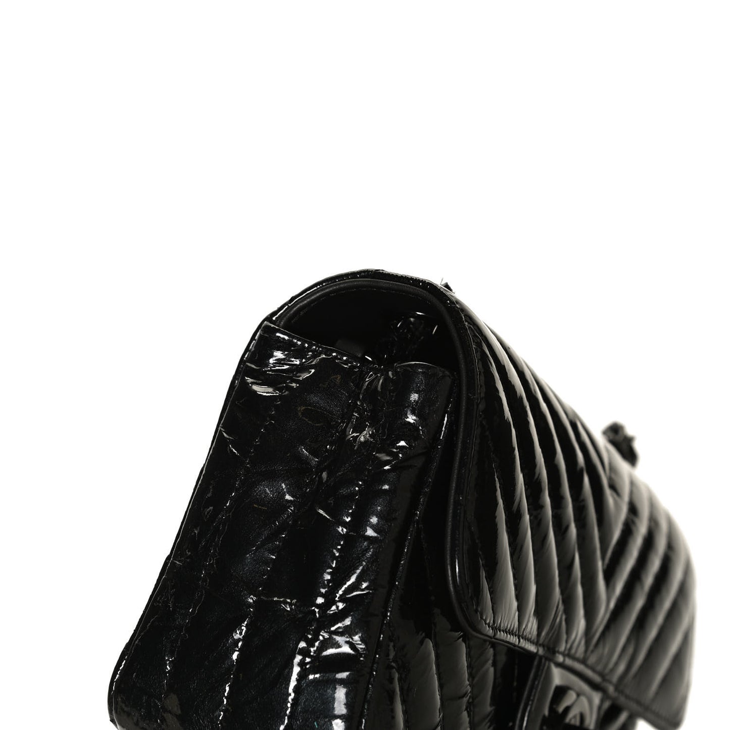 Patent Metallic Crumpled Calfskin Chevron Quilted Mini Rectangular Flap So Black