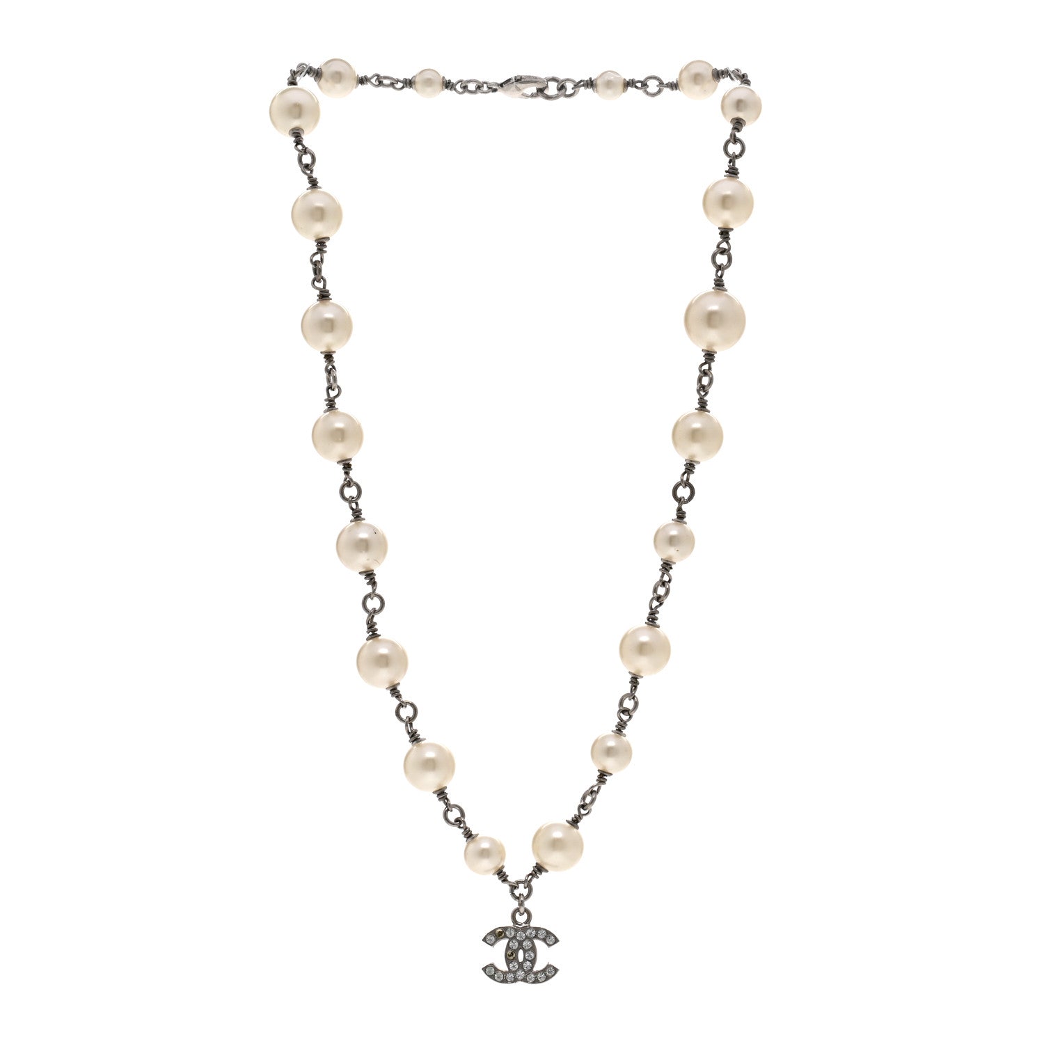 Chanel Pearl Crystal CC Pendant Short Necklace Silver White 3 of 5