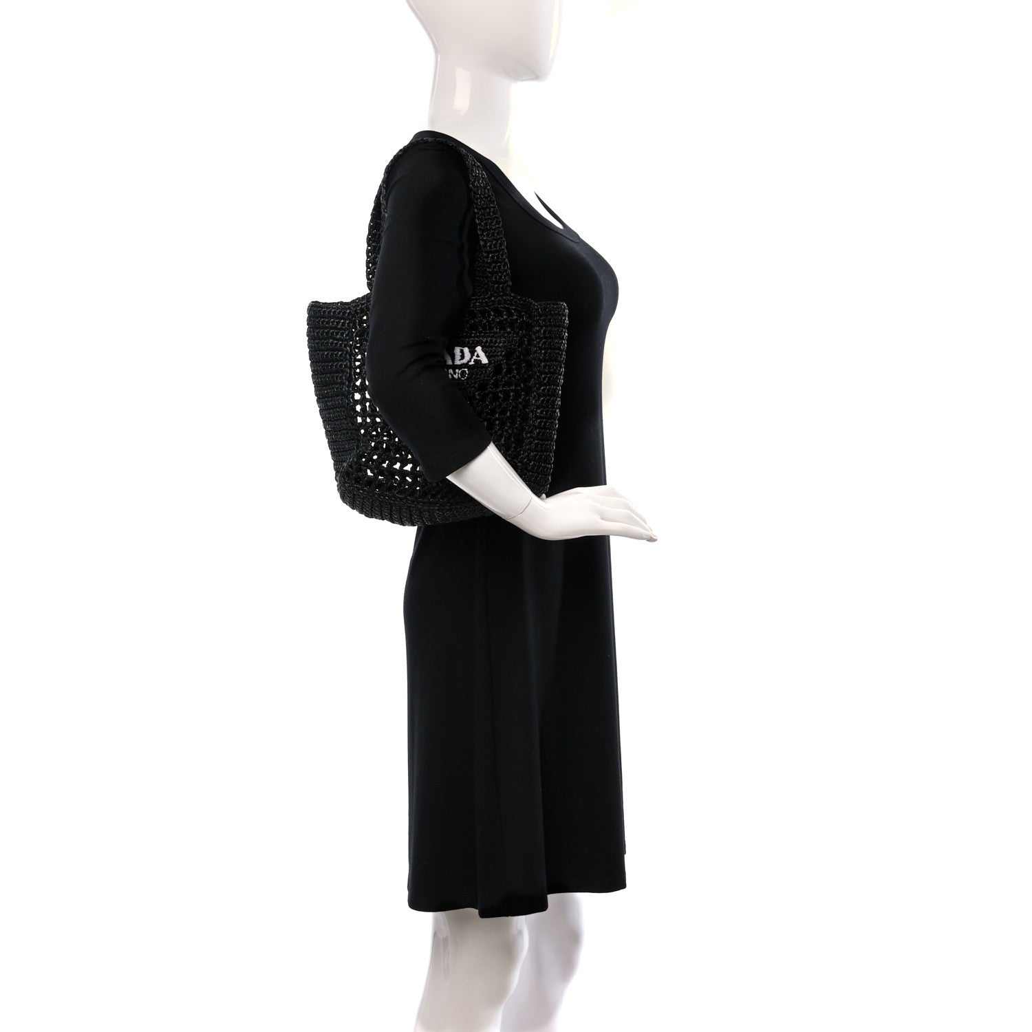 Prada Yarn Raffia Effect Crochet Logo Embroidered Small Tote Bag Black 2 of 8