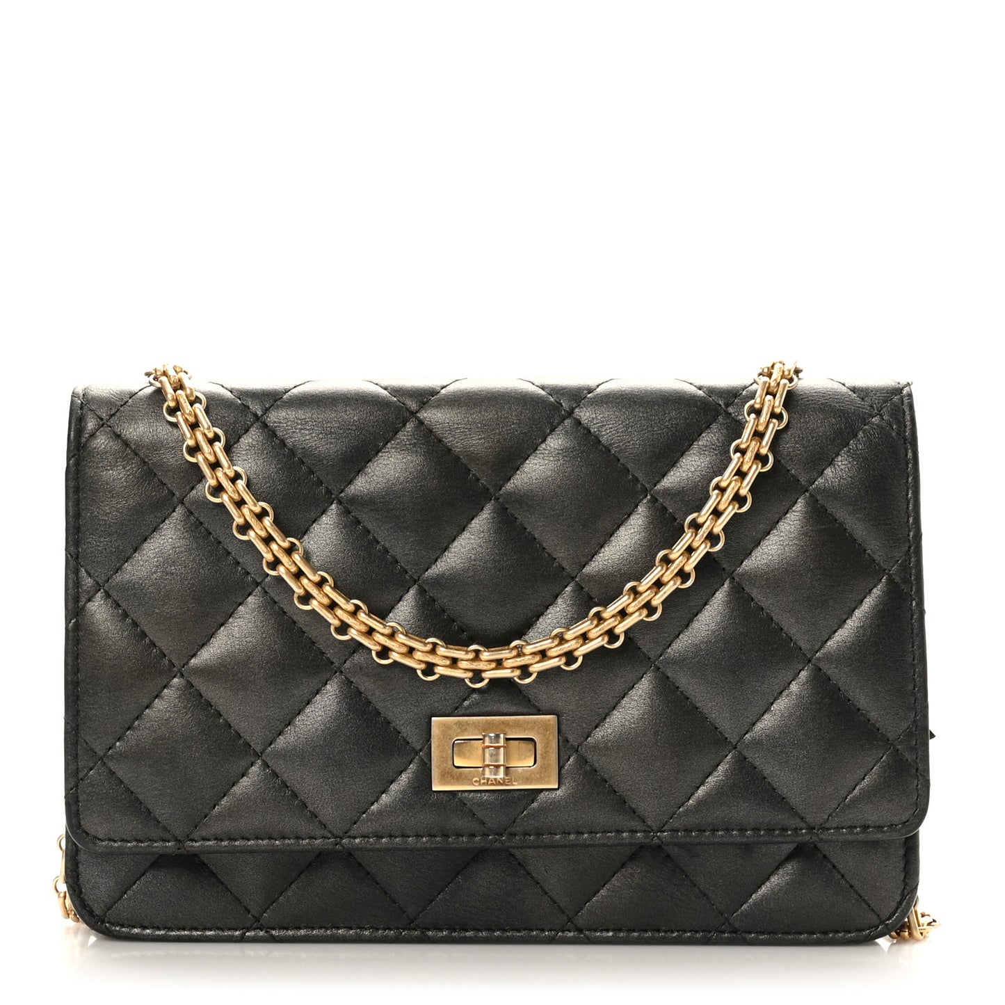 Metallic Calfskin Quilted 2.55 Reissue Wallet On Chain WOC Grey