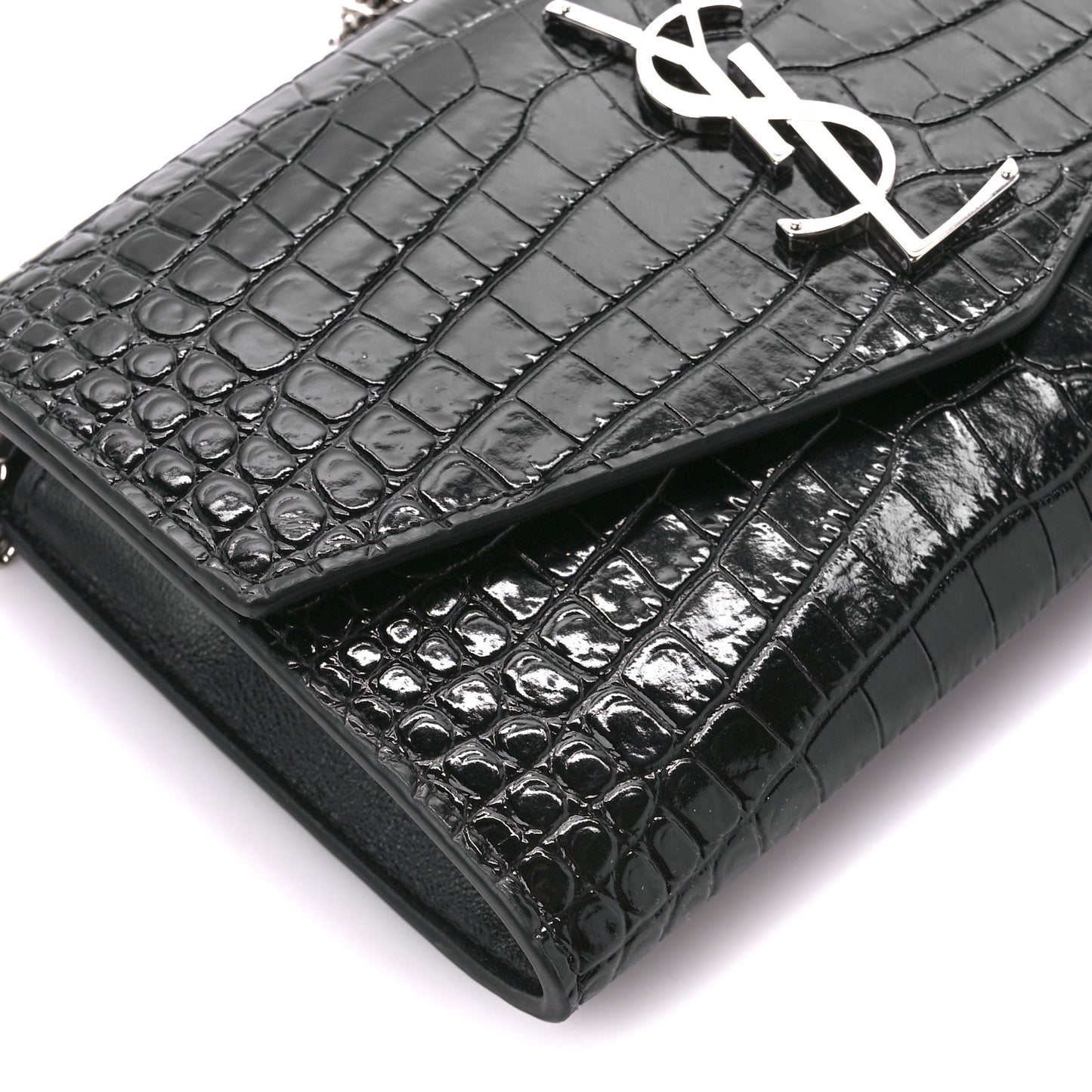 Calfskin Crocodile Embossed Monogram Uptown Chain Wallet Black
