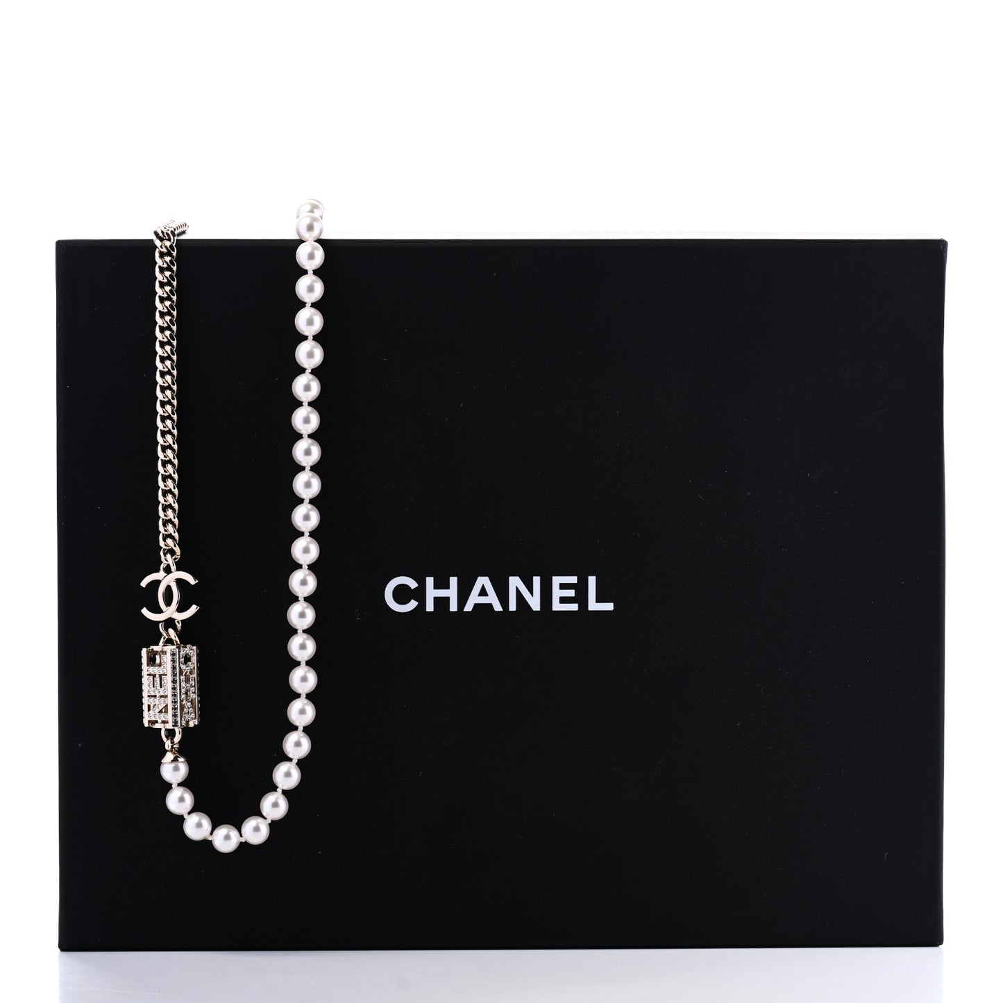 Pearl Crystal CC Long Chain Necklace Gold