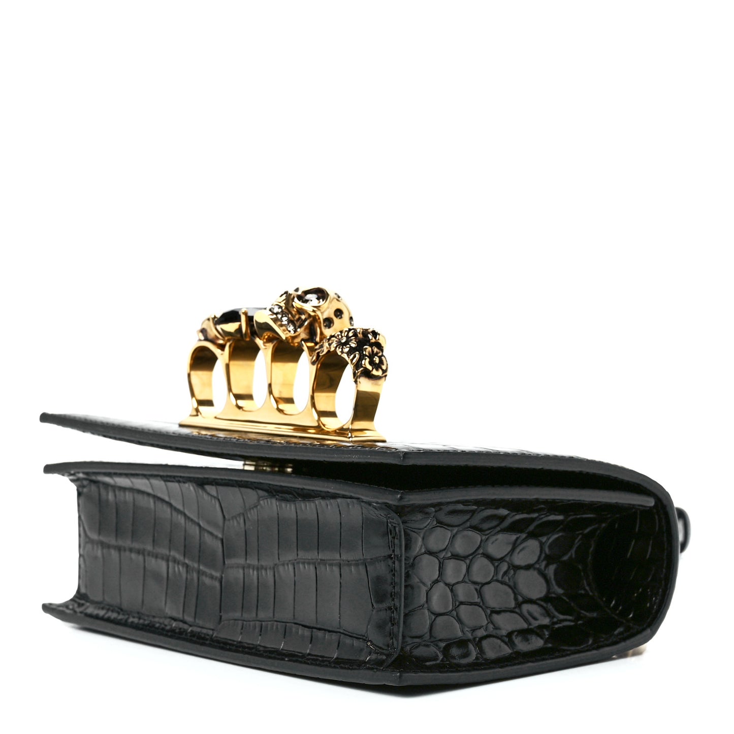 Calfskin Crocodile Embossed Mini Jeweled Satchel Black